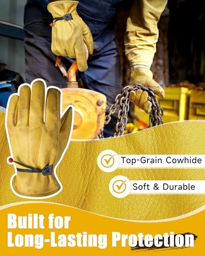 Adjustable Cowhide Leather Work Gloves for Men 1 Pair Golden L