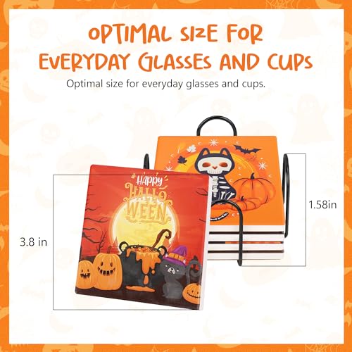 Halloween Coasters Absorbent Ceramic Coaster for Drinks with Black Holder and Cork Base Set of 4