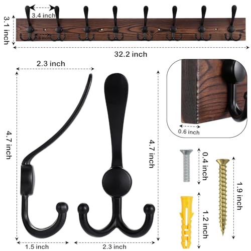 32.2'' Large Coat Rack Wall Mount Coat Hooks Coat Hanger with 8 Metal Black Triple