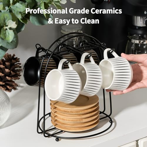Ceramic Coffee Espresso Cups with Saucers Set with Metal Holder (7.6 Count)