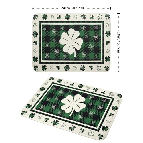 Patrick Clovers Dish Drying Mat 18"x24" Lucky Shamrock Spring Leaf Dish Drainer Mats Green Black Buffalo Plaids Absorbent Microfiber Dish Drying Pad for Kitchen Countertop Large Decor