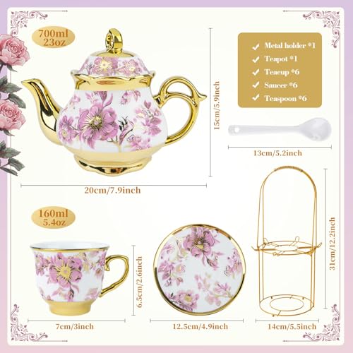 20 Pcs Porcelain Tea Set with Metal Holder (20 Count)