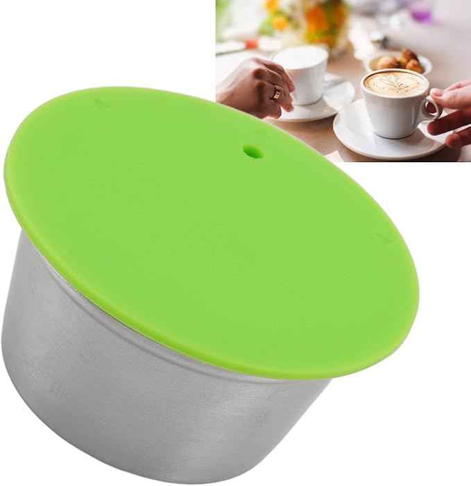 Refillable Coffee Capsule, Stainless Steel Reusable Coffee Pod, High Temperature with Food Grade Silicone Lid for Machines, Includes Scoop and Brush (Green)