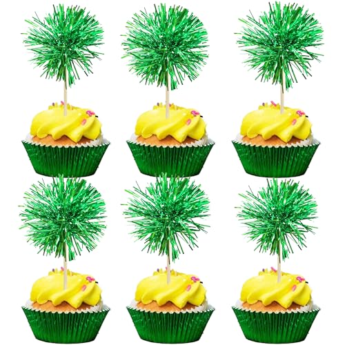 30Pcs Foil Firework Cupcake Toppers Sparkle Tinsel Cake Toppers Tinsel Drink Cake Decoration Cocktail Picks for Birthday Wedding Graduation Party Supplies Dark Green (30 Count)