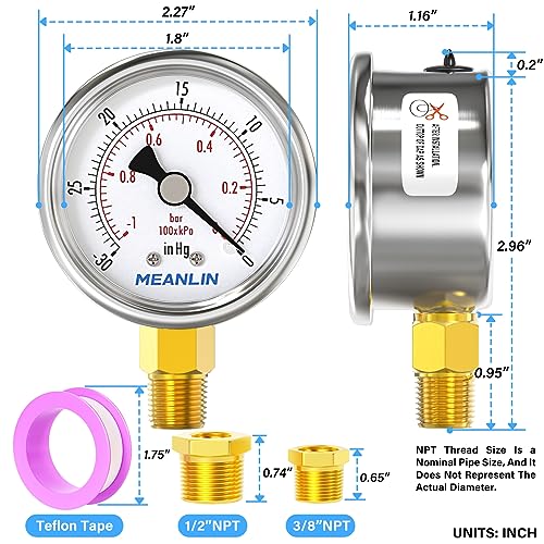 30inHG~0Psi Vacuum Gauge Stainless Steel 1
