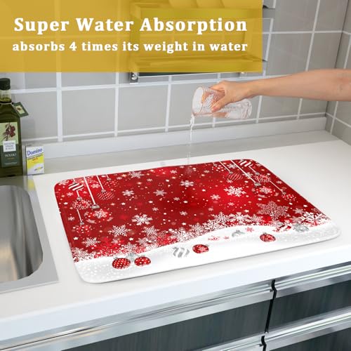 Xmas Balls Dish Drying Mat for Kitchen Countertop Winter Red White Snowflakes Dish Drainer Mats 18x24inch Reversible Dish Drying Rack Pad Protector for Dining Holiday New Year Decor