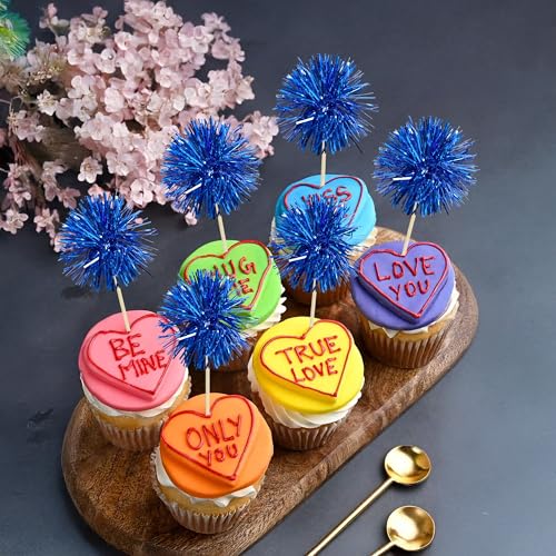 30Pcs Foil Firework Cupcake Toppers Sparkle Tinsel Cake Toppers Tinsel Drink Cake Decoration Cocktail Picks for Birthday Wedding Graduation Party Supplies Dark Blue (30 Count)
