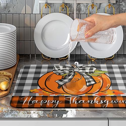 Fall Pumpkin Dish Drying Mats Thanksgiving Kitchen Drying Mat Buffalo Plaid Microfiber Large Dish Dryer Pad Maple Leaves Absorbent Dishes Drain Matt XL Washable Foldable