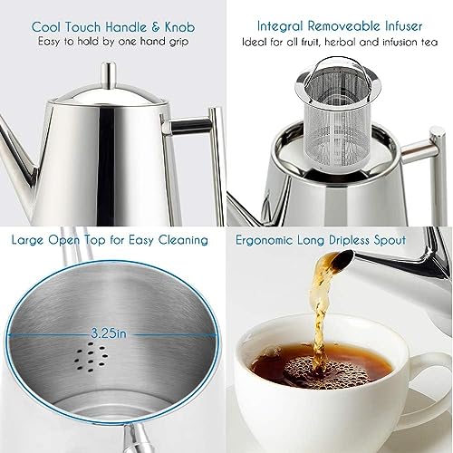 Stainless Steel Teapot With Removeable Infuser 50 oz Stovetop Tea Maker for Fruit Herbal and Infusion