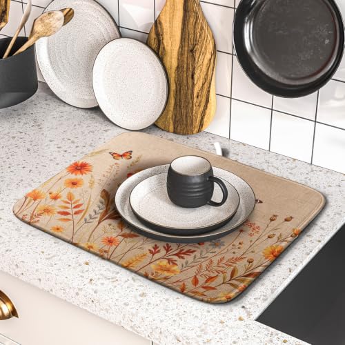Rustic Fall Flowers Dish Drying Mat Retro Autumn Orange Floral Butterfly Dish Drainer Mats 16"x18" Microfiber Reversible Dish Drying Rack Pad Protector for Kitchen Countertop Decor