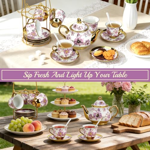 20 Pcs Porcelain Tea Set With Metal Holder