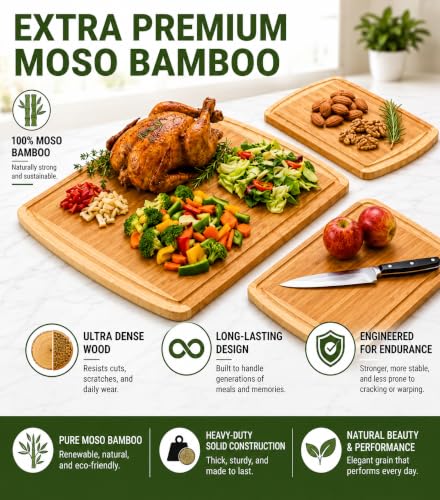 INDESTRUCTIBLE Extra Large Bamboo Cutting Board Set of 3 with Vertical Grain Strength Technology (3 Count)