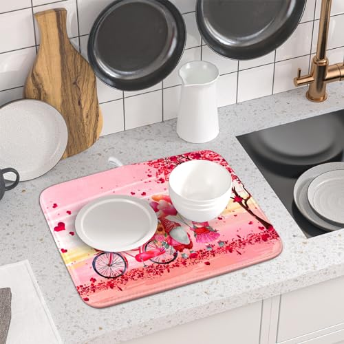Pink Heart Valentine's Day Gnomes Dish Drying Mat for Kitchen Counter