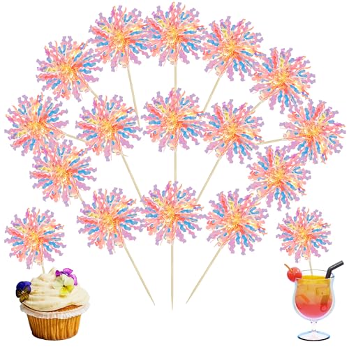 30Pcs Foil Firework Cupcake Toppers Happy Birthday Cake Toppers Tinsel Flower Drink Stirrers Cocktail Food Fruit Toothpicks for Valentine's Day Party Decorations Orange (30 Count)