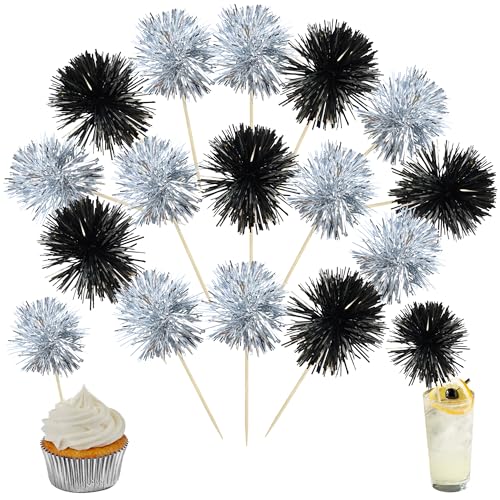 30Pcs Foil Firework Cupcake Toppers Sparkles Fireworks Sticks Birthday Decorations Sparkle Tinsel Cocktail Fruit Toothpick for Birthday Wedding Graduation Party Cake Decorations Black Silver (30 Count)