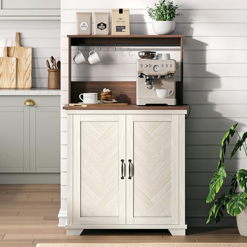 Farmhouse Coffee Bar Cabinet with Storage and Charging