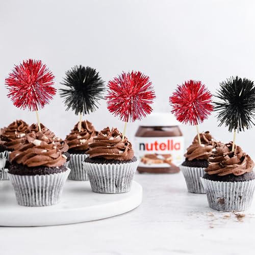 30Pcs Foil Firework Cupcake Toppers Party Birthday Cake Toppers Supplies Sparkle Tinsel Cocktail Fruit Toothpick for Birthday Wedding Graduation Party Supplies Black Red (30 Count)