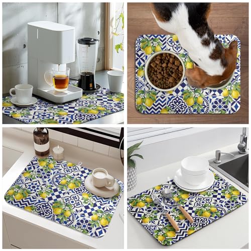 Lemon and Blue Tile Dish Drying Mat 18x24 Inch Absorbent Reversible Mexican Tilt Drying Mat Blue White Italy Lemons Dish Drying Rack Mat Summer Themed Dish Drainer Mat for Kitchen Counter Coffee Bar