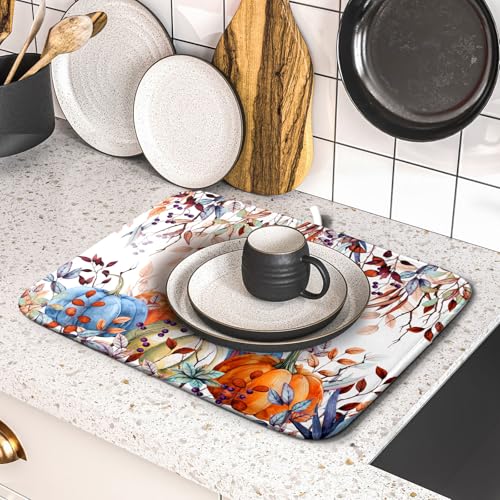 Orange and Blue Autumn Pumpkins Dish Drying Mat for Kitchen Counter