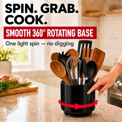 Jumbo Extra Large Sturdy Rotating Black Utensil Holder Caddy with No