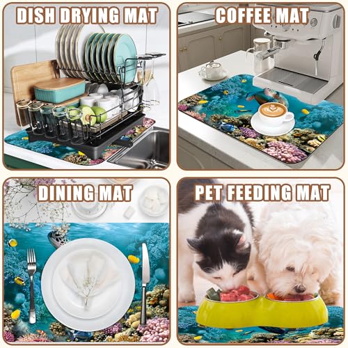 Sea Turtle Coffee Mat Absorbent Dish Drying Mat for Kitchen Counter Hide Stain Rubber Backed Coffee Bar Accessories Fit Under Espresso Machine Dish Rack