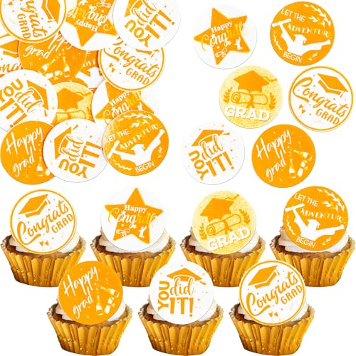 48Pcs 2026 Graduation Cupcake Toppers Wafer Paper Class of 2026 Cake Decorations Edible Congrats Grad Cupcake Picks for 2026 Graduation Theme Party Cake Supplies Gold Orange (48 Count)