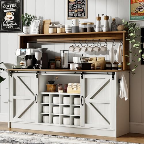 55" Farmhouse Coffee Bar Cabinet with Storage Hutch