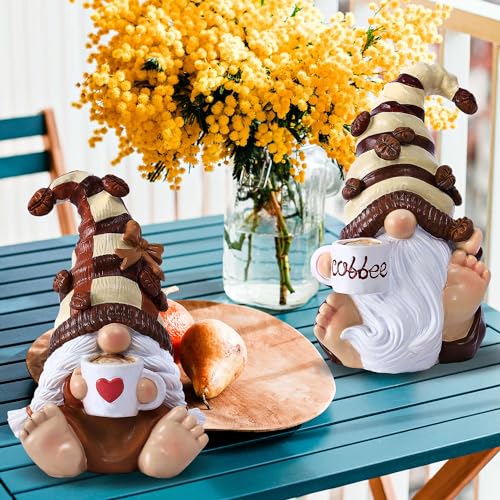 2PCS Coffee Gnomes FigurinesFigurines Mother's Day Decorations Kitchen Shelf Decor Tiered Tray Table Ornament Coffee Bar Accessories Decor Elfs Statue Cute Resin Housewarming Gifts for Women (2 Count)