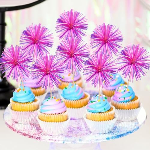 30 PCS Foil Firework Cupcake Toppers Happy Birthday Cupcake Toppers Sparkle Tinsel Flower Drink Stirrers Cocktail Fruit Toothpicks for Valentine's Day Baby Shower Party Cake Decor Supplies Rose Red (30 Count)