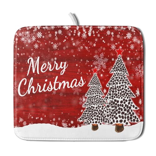 Merry Christmas Tree Red Dish Drying Mat for Kitchen Counter