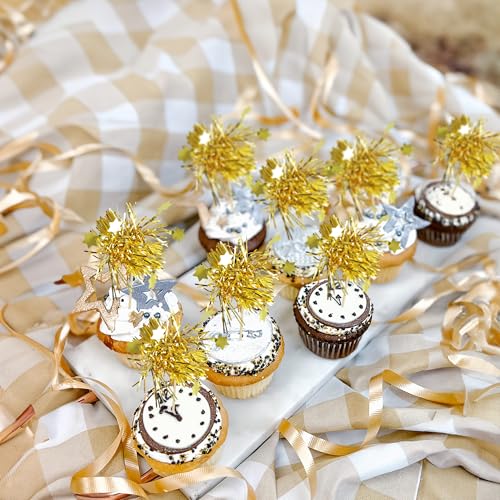 30Pcs Star Foil Firework Cupcake Toppers Sparkle Tinsel Cake Toppers Tinsel Drink Cake Decoration Cocktail Picks for Birthday Wedding Graduation Party Supplies Gold (30 Count)