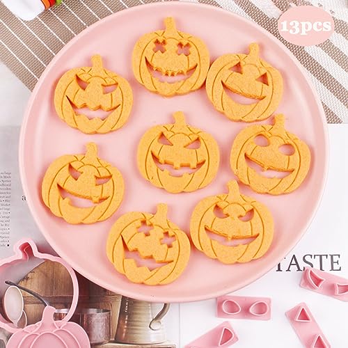 13Pcs Halloween Cookie Cutter Set Pumpkin Face Halloween Cookie Mold Biscuit Mold 3D Hollow Out Pumpkin Cake Baking Fondant Embosser Stamps Halloween Party DIY Cake Decorating Tools (13 Count)