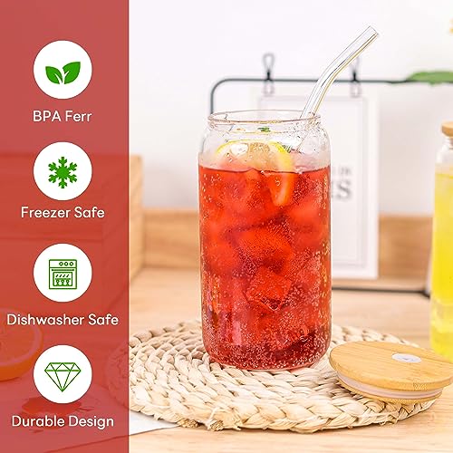 6pcs 16Oz Glass Cups with Bamboo Lids and Straws Drinking Glasses (6 Count)