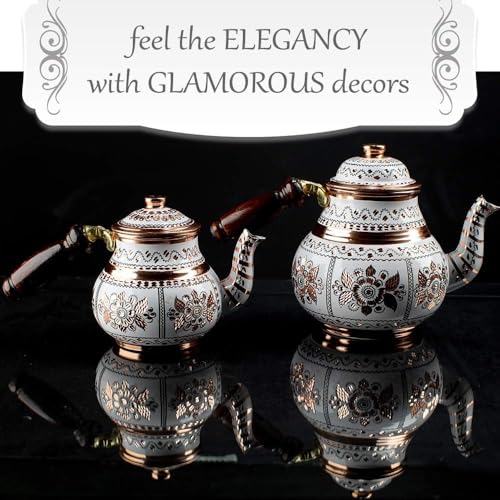 Handmade Copper Turkish Teapot Tea Kettle Pots Set for Stove Top Stovetop Decorative Infuser Vintage Antique Arabic Farmhouse Tray Cups Serving Party Moroccan Decor Style Persian Kitchen Fancy Gift (2 Count)