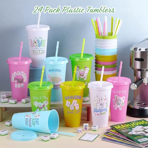 24 Pcs Mahjong Plastic Cups with Lids and Straws 24 oz Funny Mah Jong Tumbler Gifts Reusable Coffee Cups for Mahjong Lover Family Play Day Decorations Accessories Game Night Party Supplies (24 Count)
