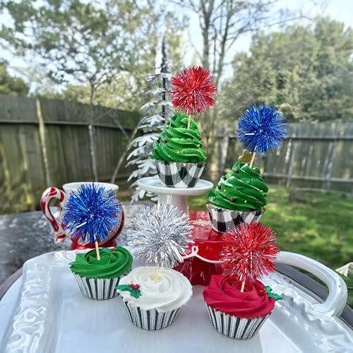 30Pcs Foil Firework Cupcake Toppers Sparkle Tinsel Cake Toppers Tinsel Drink Cake Decoration Cocktail Picks for Birthday Wedding Graduation Party Supplies Silver Dark Blue Red (30 Count)