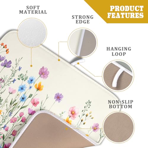 Spring Floral Dish Drying Mat 16"x18" Watercolor Summer Wildflower Dish Drainer Mats Herb Flower Reversible Absorbent Dish Drying Pad Decor for Kitchen Countertop Dining Room