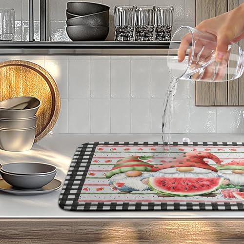 Summer Gnomes Dish Drying Mat Watermelon Buffalo Plaid Large Kitchen Dish Drying Pad Absorbent Drying Mat for Countertops Dish Dryer Mat Microfiber Dishes Drainer Pad Dish Drying Rack Mat 18x24 in