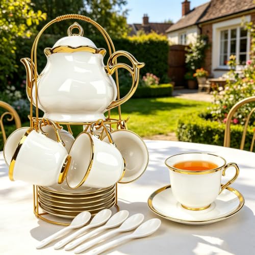 20 Pcs Porcelain Tea Set with Metal Holder (20 Count)