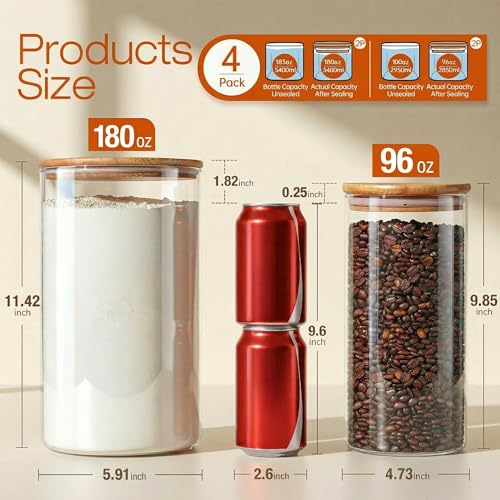 Large Glass Storage Containers with Bamboo Lids for Flour & Sugar (4 Count)