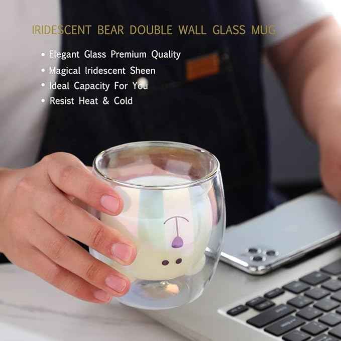 Cute Mugs Double Wall Glass Coffee Glass Cup Kawaii Bear Tea Milk Cup Funny Mug Animal Mug Aesthetic Cup for Office and Personal Birthday Gift (Iridescent Bear)