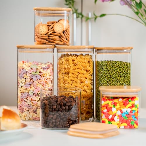 Glass Storage Jars 6 Pack 37oz Clear Glass Food Storage Containers with Airtight Bamboo Lid Stackable Kitchen Canisters for Candy (6 Ounce)