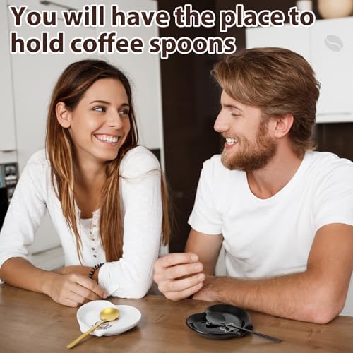 2 Pcs Ceramic Coffee Spoon Rest with Spoon Small Heart Black White Stirrer Holder Bar Station Accessories Decoration Lover Housewarming Gift (2 Count)