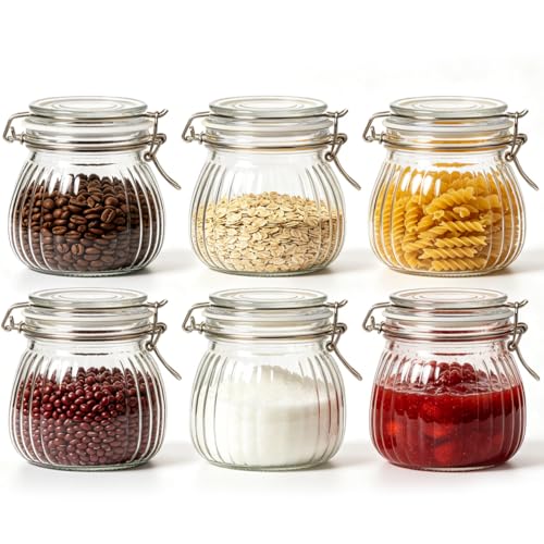 Ribbed Glass Jars with Airtight Lids 17oz 6 Pack Wide Mouth Pickling (6 Count)