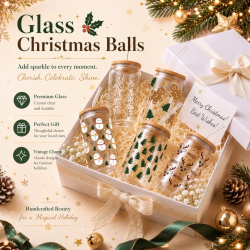 12 Sets Christmas Glass Cups Gifts 16 oz Cute Xmas Tree Gingerbread Cups Snowman Tumbler Winter Candy Canes Iced Coffee Cup with Lids and Straw for Women Coworkers Birthday Party Favors (12 Count)