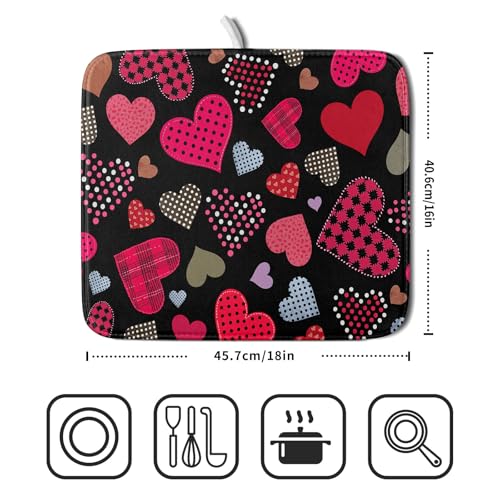 Happy Valentine's Day Black Dish Drying Mat for Kitchen Counter
