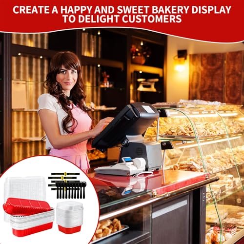 100PCS Red Mini Loaf Pan with Lids and Spoons 6.8oz Rectangular Aluminum Foil Bread Pan 10oz Square Cake Cup with Decal Disposable Baking Supply for Graduate Wedding Birthday (100 Count)