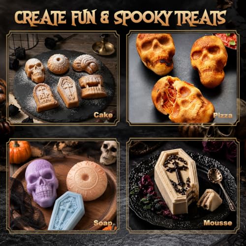 Skull Cake Pizza Pan 6 Spooky Shapes Halloween Silicone Baking Mold