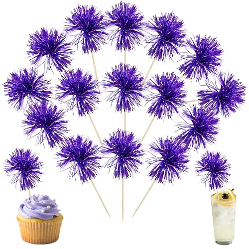30Pcs Foil Firework Cupcake Toppers Party Birthday Cake Toppers Supplies Sparkle Tinsel Cocktail Fruit Toothpick for Birthday Wedding Graduation Party Supplies Purple (30 Count)