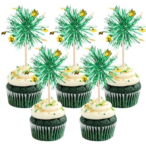30 PCS Foil Firework Cupcake Toppers Happy Birthday Star Cupcake Picks Sparkle Tinsel Drink Stirrers Cocktail Fruit Toothpicks for Valentine's Day Wedding Birthday Party Decorations Supplies Green (30 Count)
